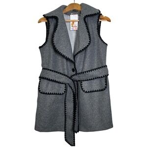 NWT PRETTY GARDEN Women's Grey Sleeveless Vest Blazer Belted Collar Trim Medium